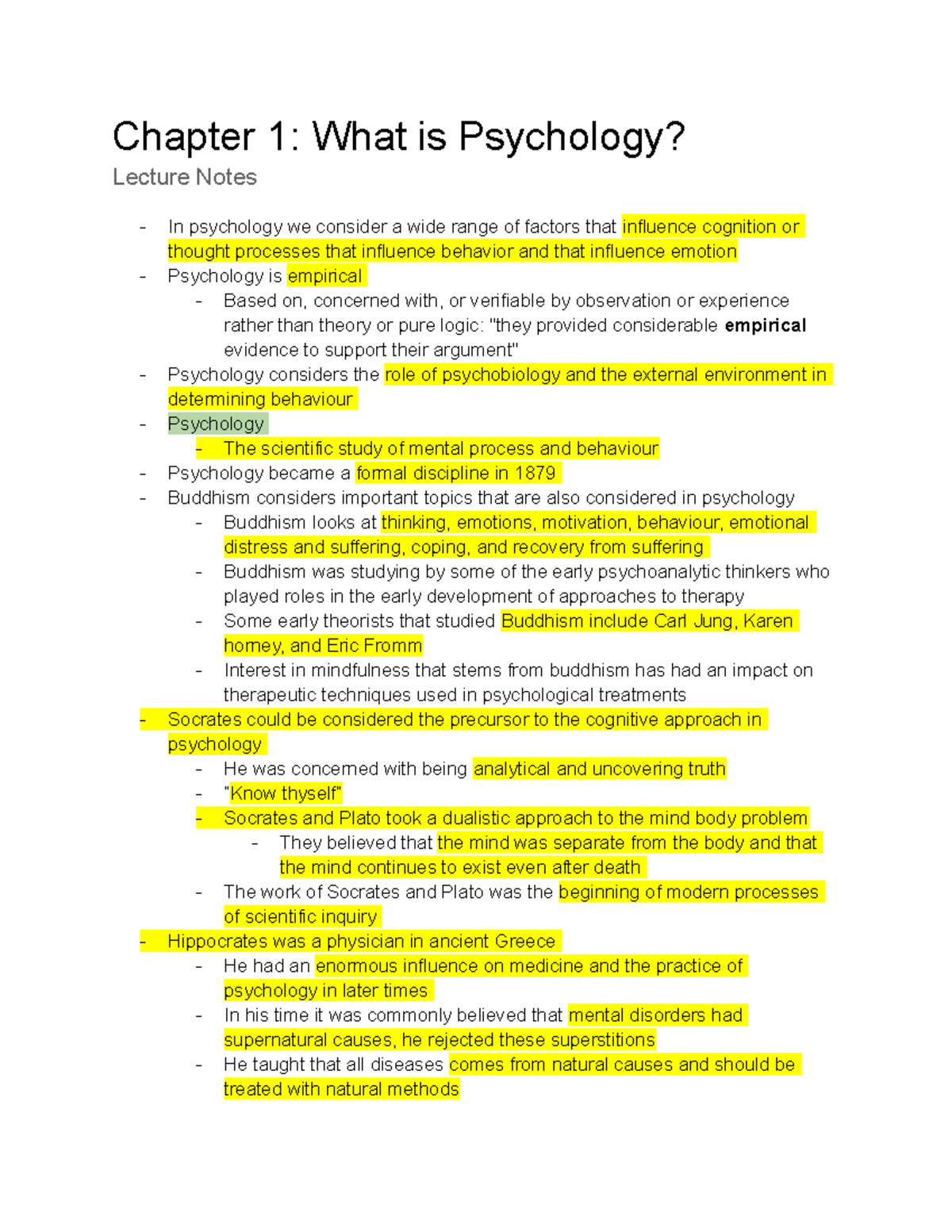 Chapter 1 Psych - Chapter 1: What Is Psychology? Lecture Notes In ...