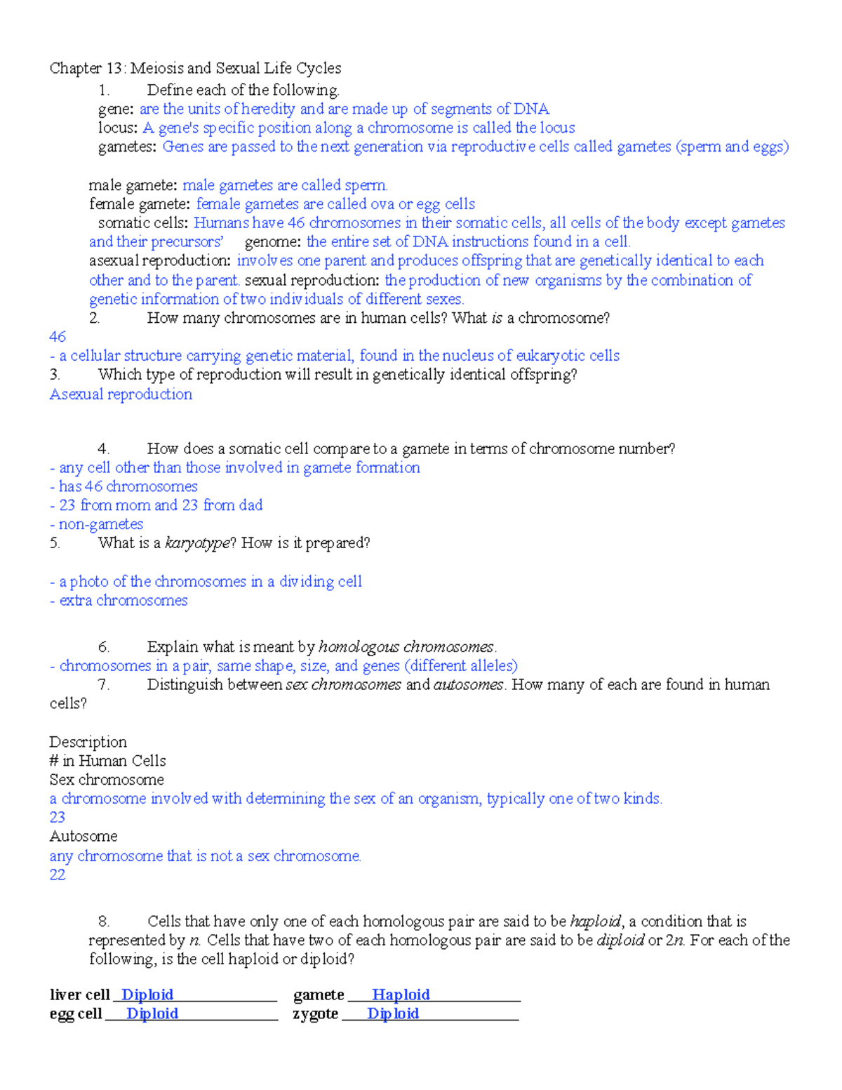 Chapter 13 - Chapter 13: Meiosis And Sexual Life Cycles Define Each Of ...