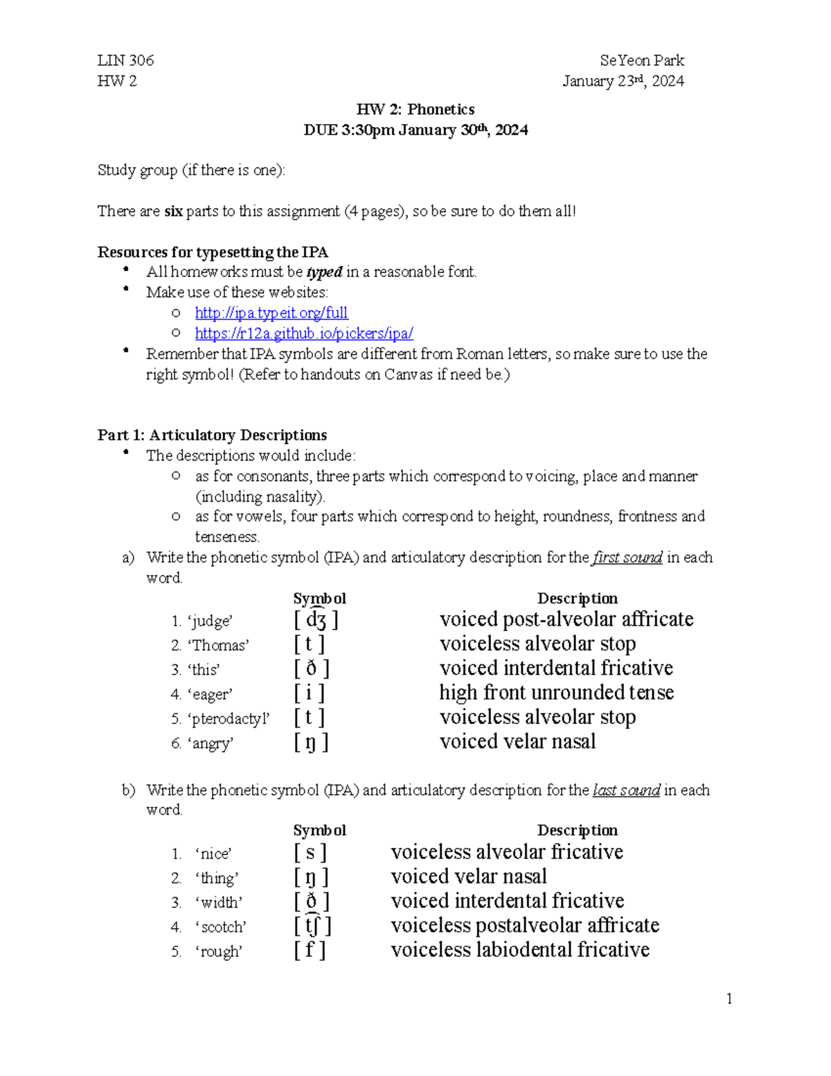 HW2-phonetics - Homework 2, phonetics practice - HW 2 January 23 rd ...