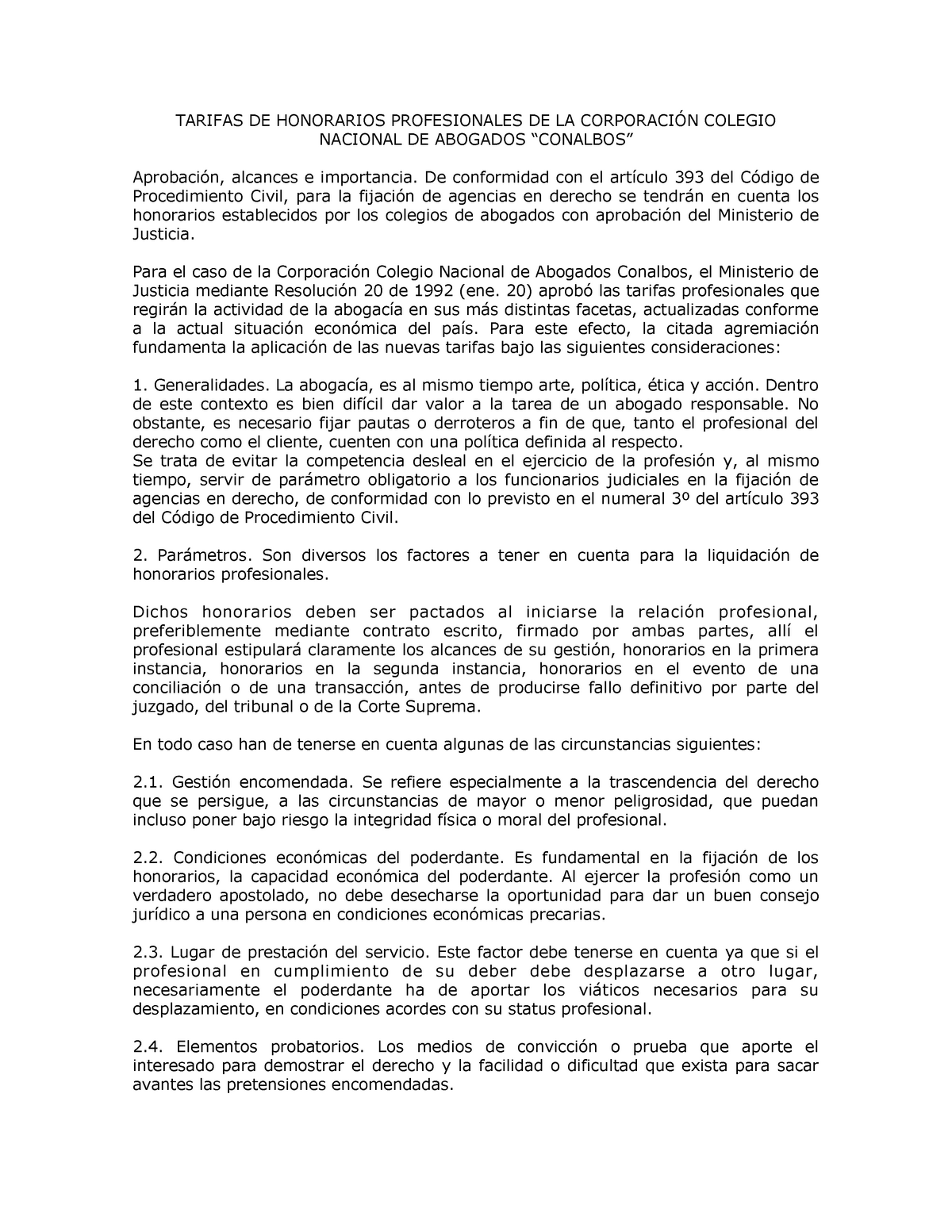 Tarifas Abogados Tarifa Conalbos TARIFAS DE HONORARIOS