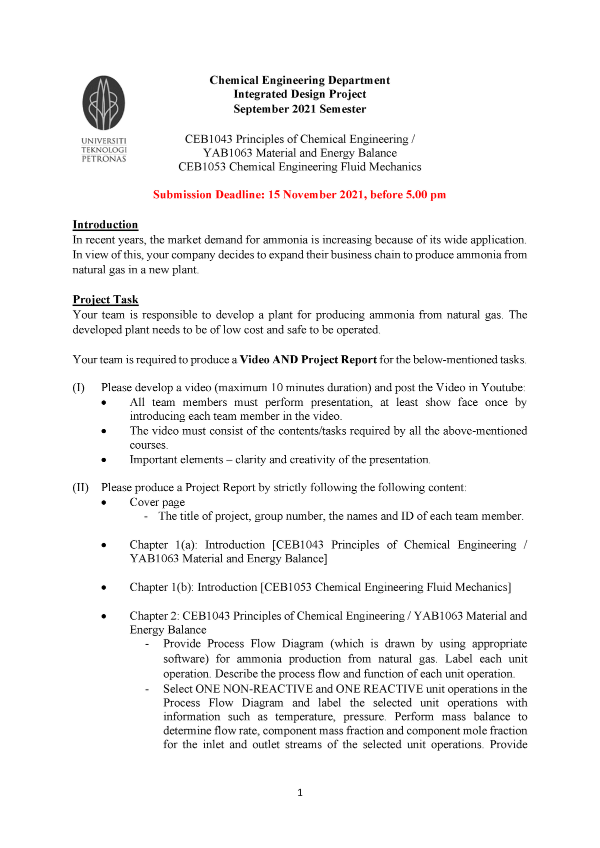 Integrated Design Project Sept 2021 - 1 Chemical Engineering Department ...