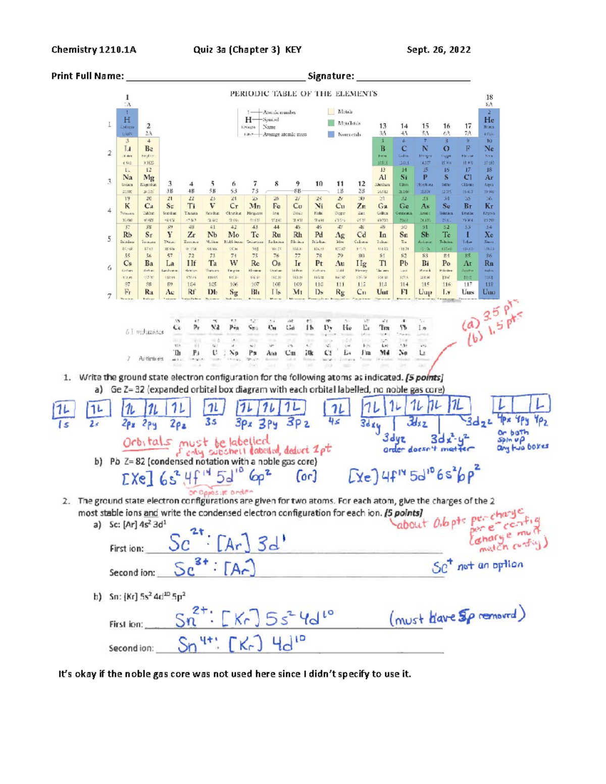 Quiz 3 Ch3 Sept 26-27 answer key - Chemistry 1210 Quiz 3a (Chapter 3 ...