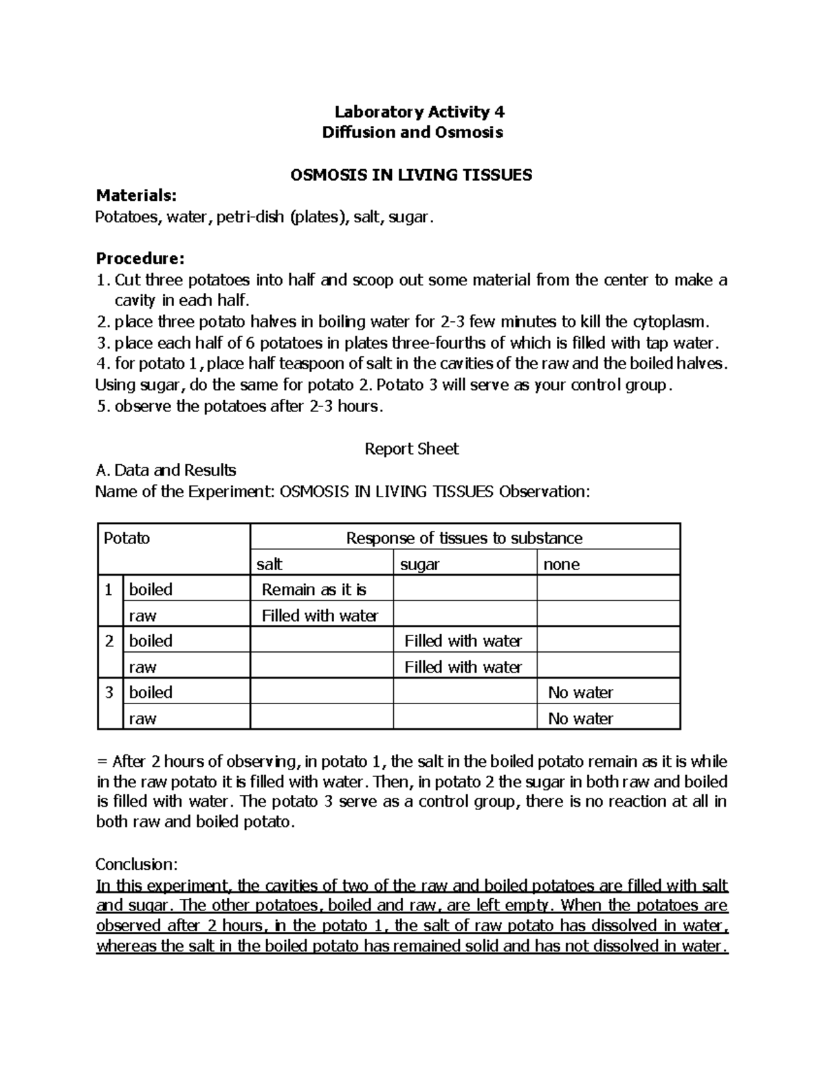 Diffusion and Osmosis Laboratory Activity in Cell and Molecular