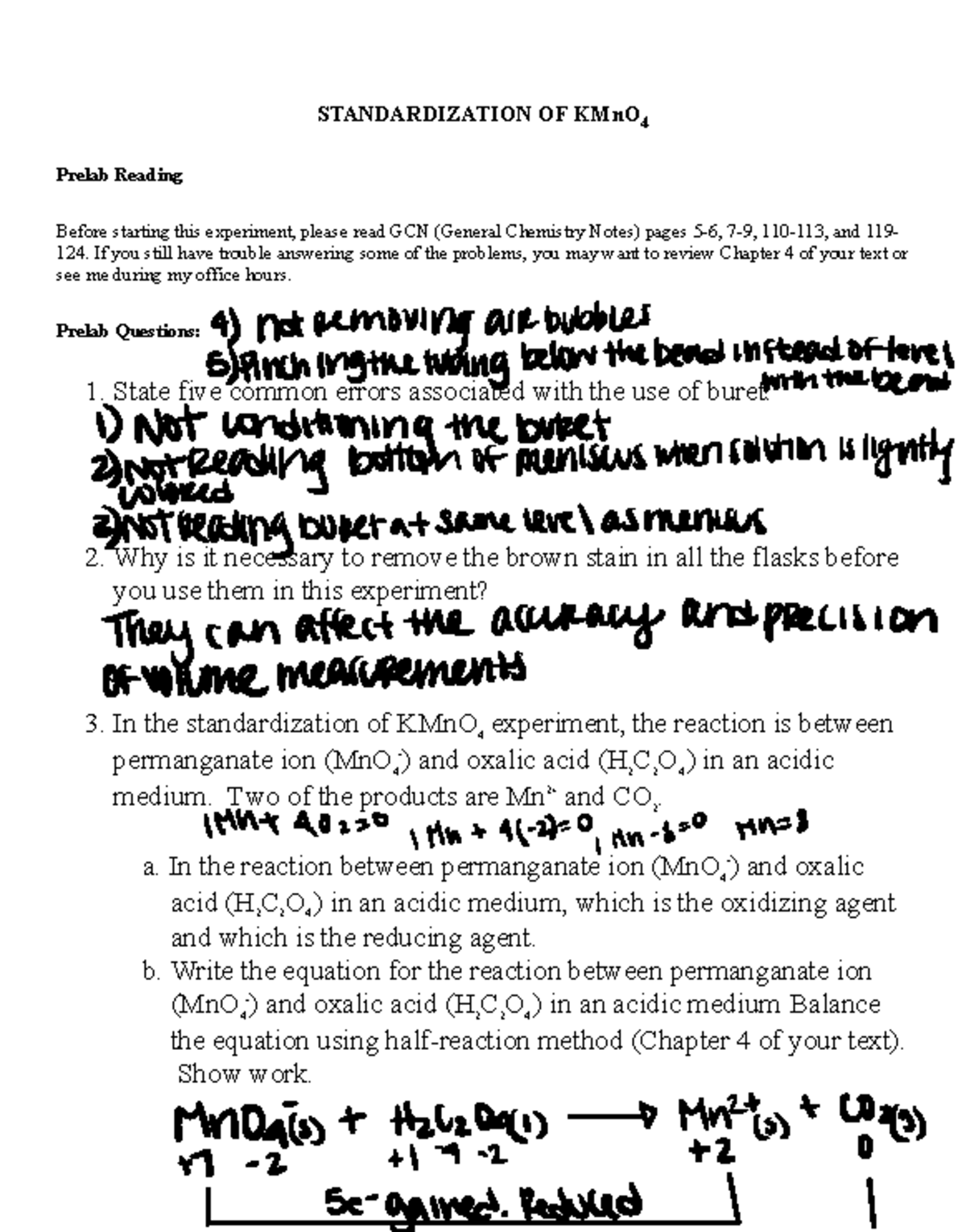 Chem Standardization of KMn O4 Prelab - STANDARDIZATION OF KMnO 4 ...