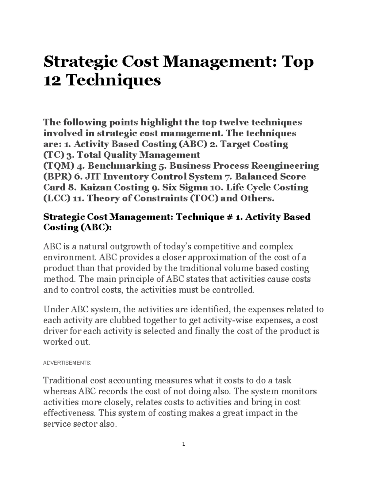 Strategic Cost Management Techniques - Accountancy - Studocu