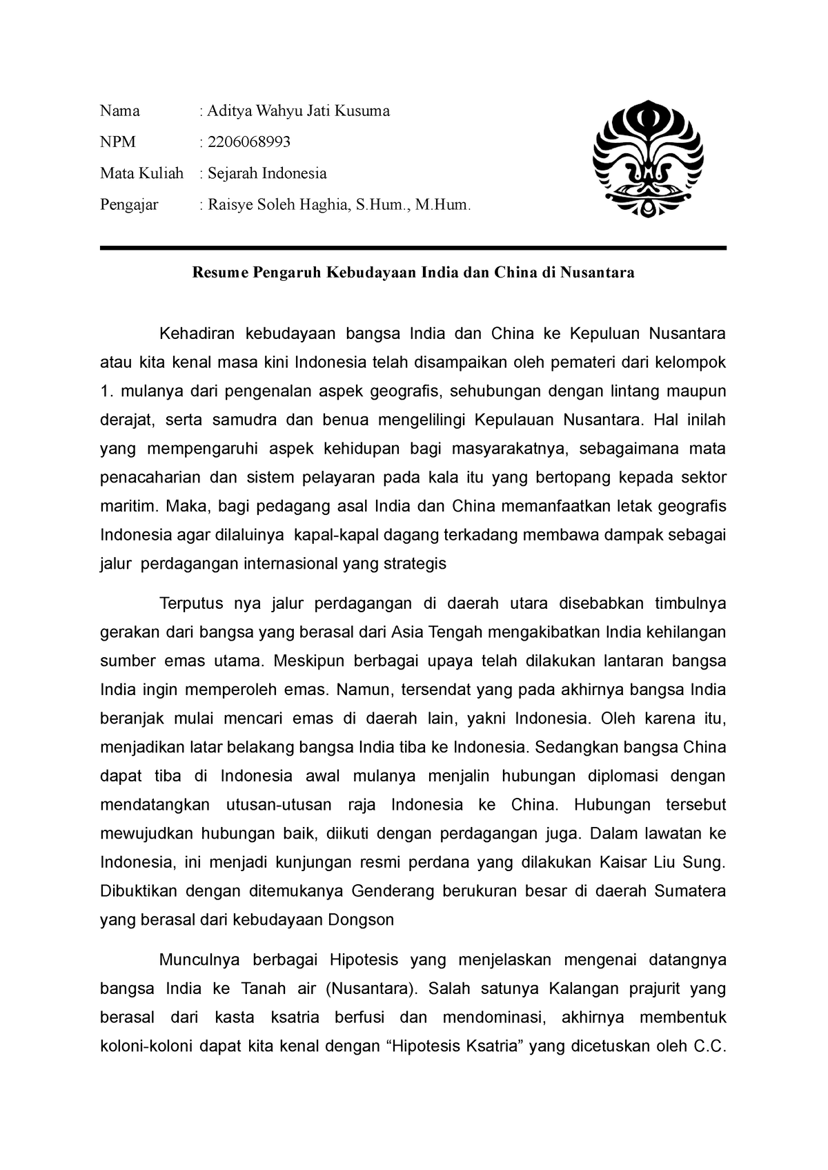 Aditya Wahyu Resume Pengaruh Kebudayaan India Dan China Di Nusantara Nama Aditya Wahyu Jati 4750