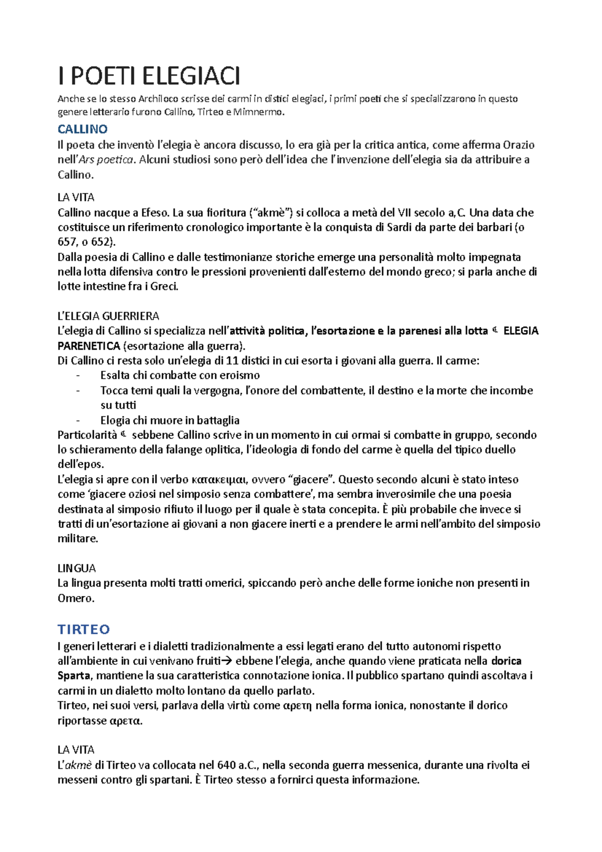 I Poeti Elegiaci riassunto capitolo Letteratura greca I POETI ELEGIACI Anche se lo stesso