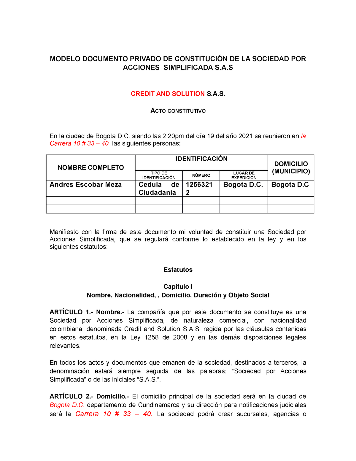 Constitucion Sociedad Sas Modelo Documento Privado De ConstituciÓn De