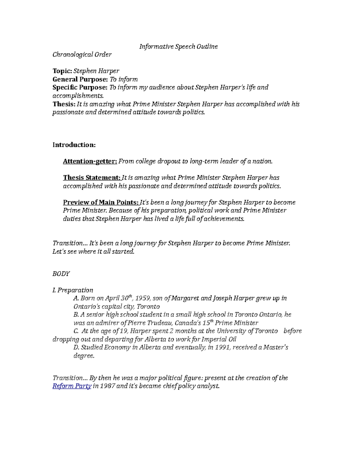 Informative Speech Outline - Informative Speech Outline Chronological ...