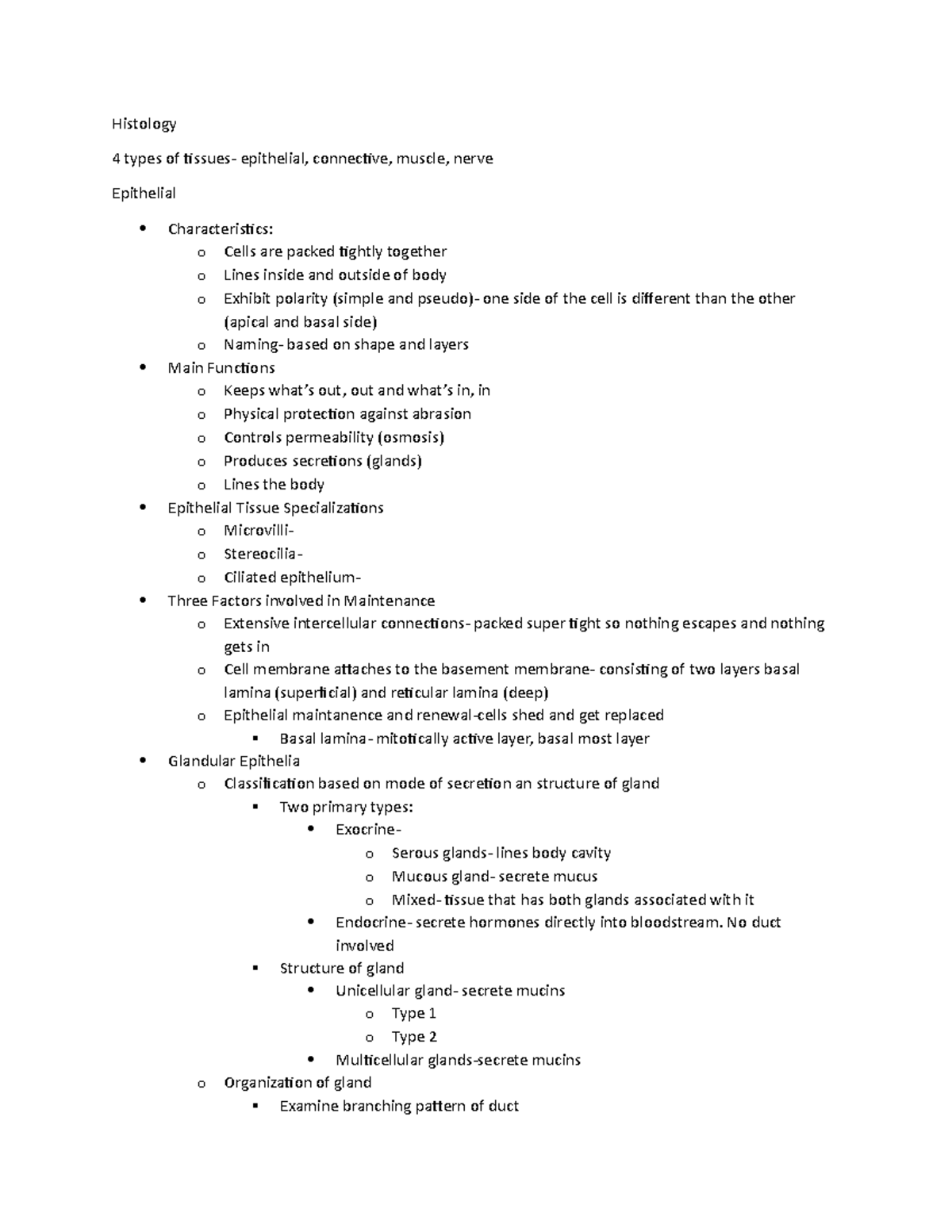 Histology notes final - Histology 4 types of tissues- epithelial ...