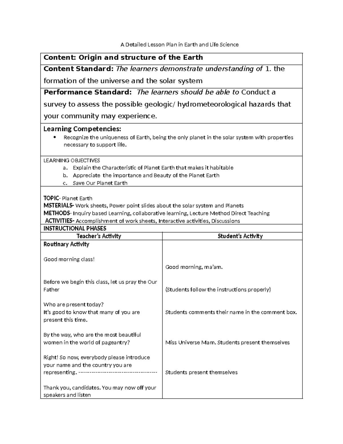 A Detailed Lesson Plan in Earth and Life Science m Arlina - A Detailed ...