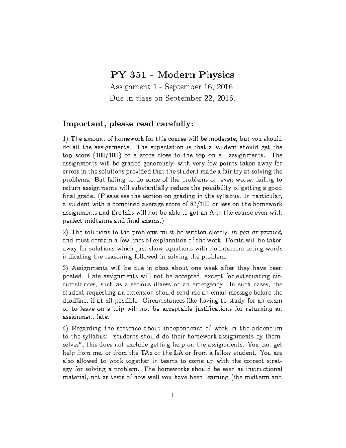 Seminar Assignments - Assignment 1 With Solutions - PY 351 Modern ...