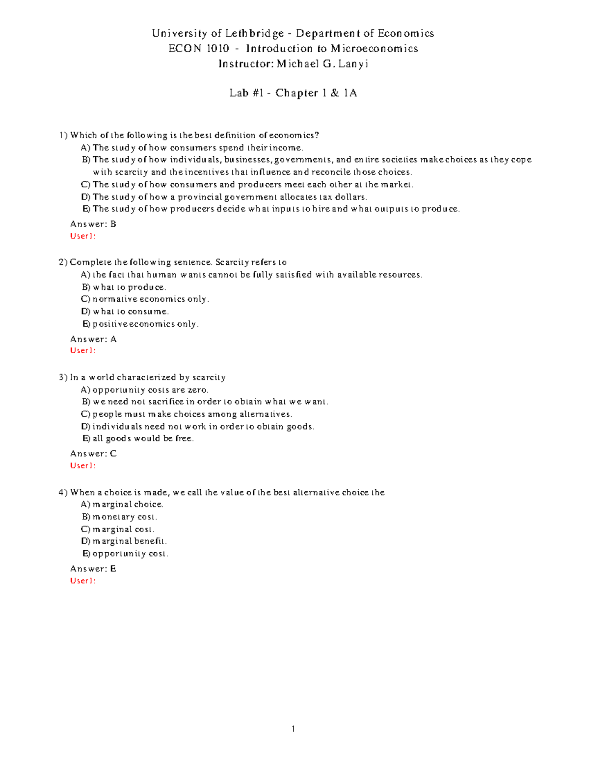 CH 1 & 1A ANS past exam bank University of Lethbridge Department of