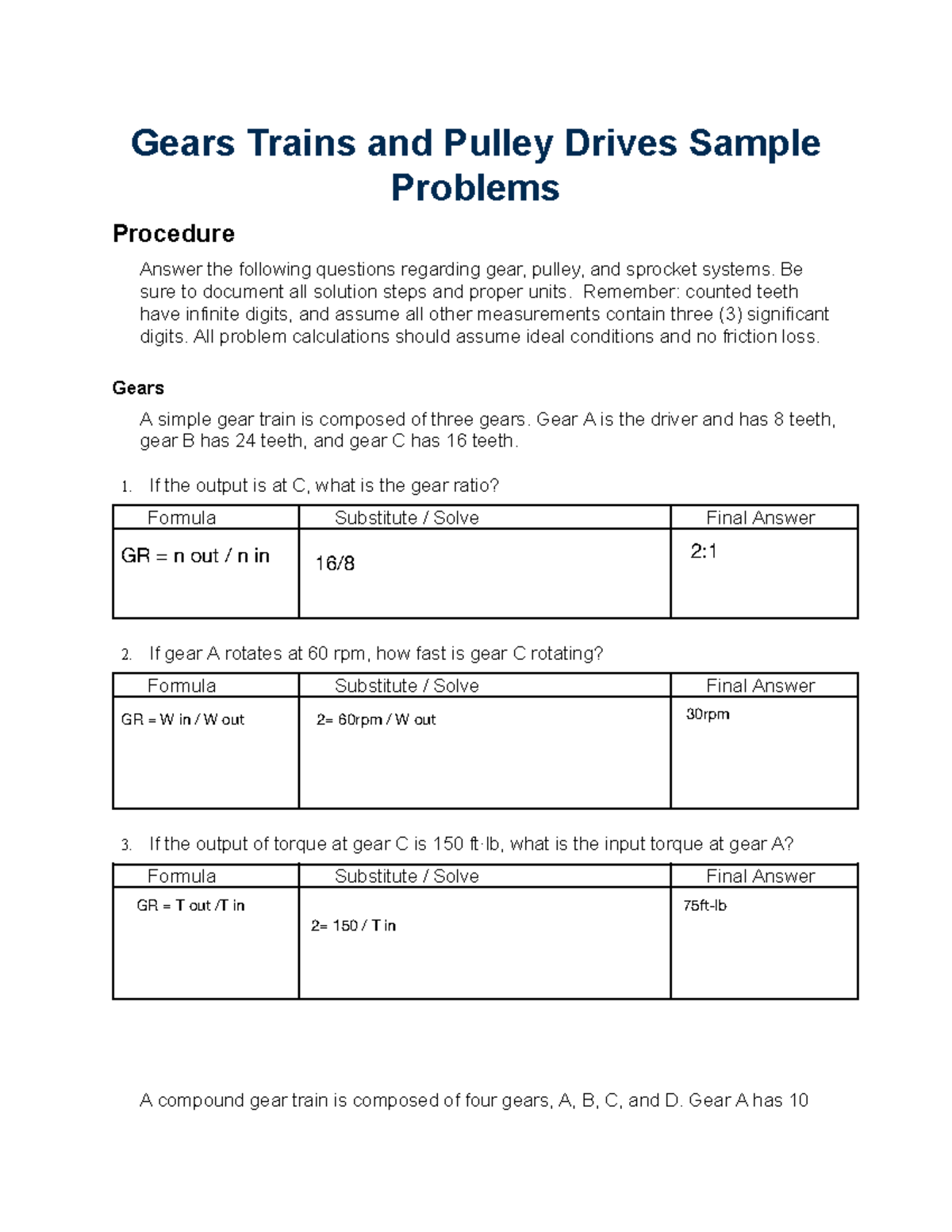 Gears Trains and Pulley Drives Sample Problems Gears Trains and