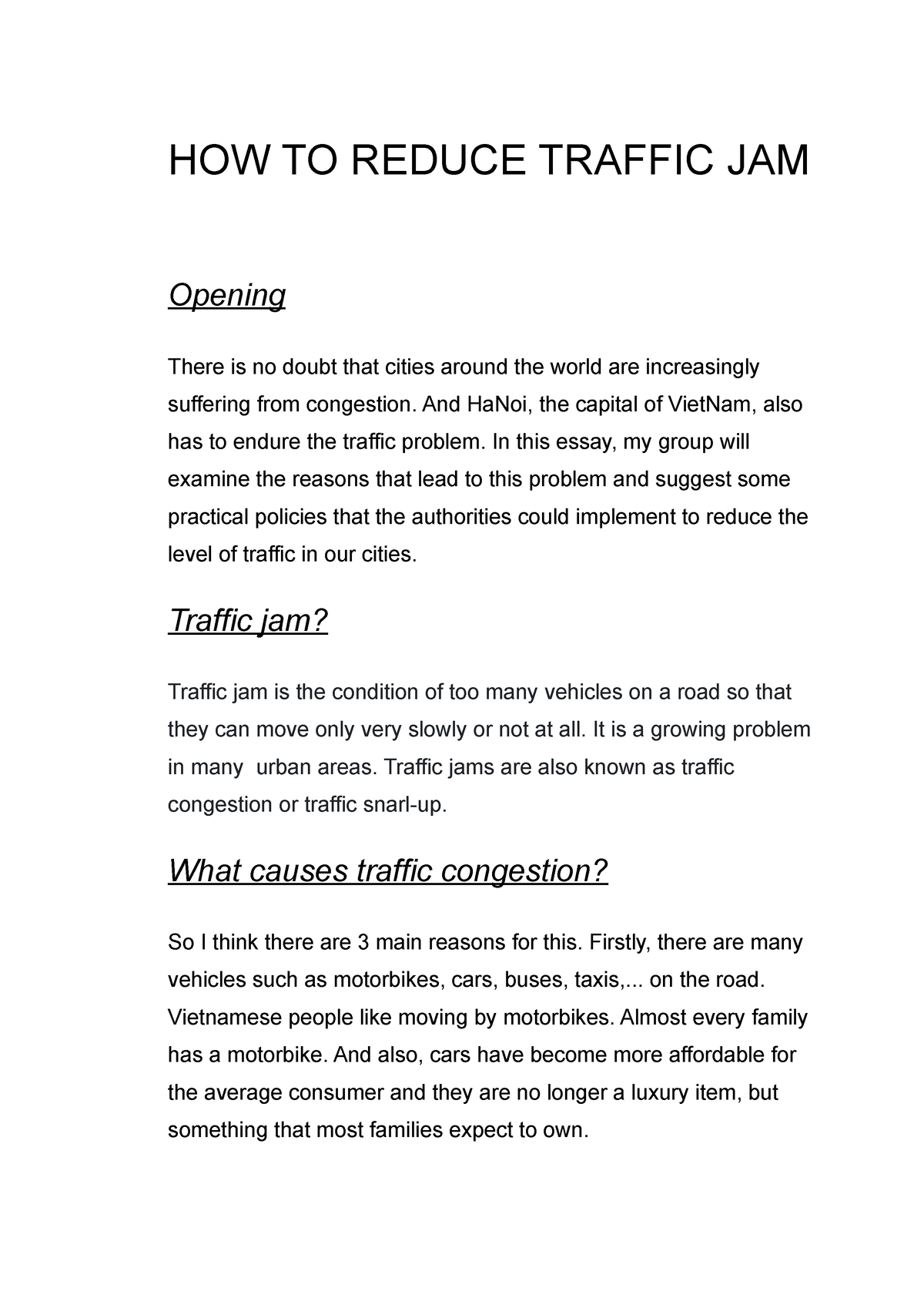 how to reduce traffic jam essay