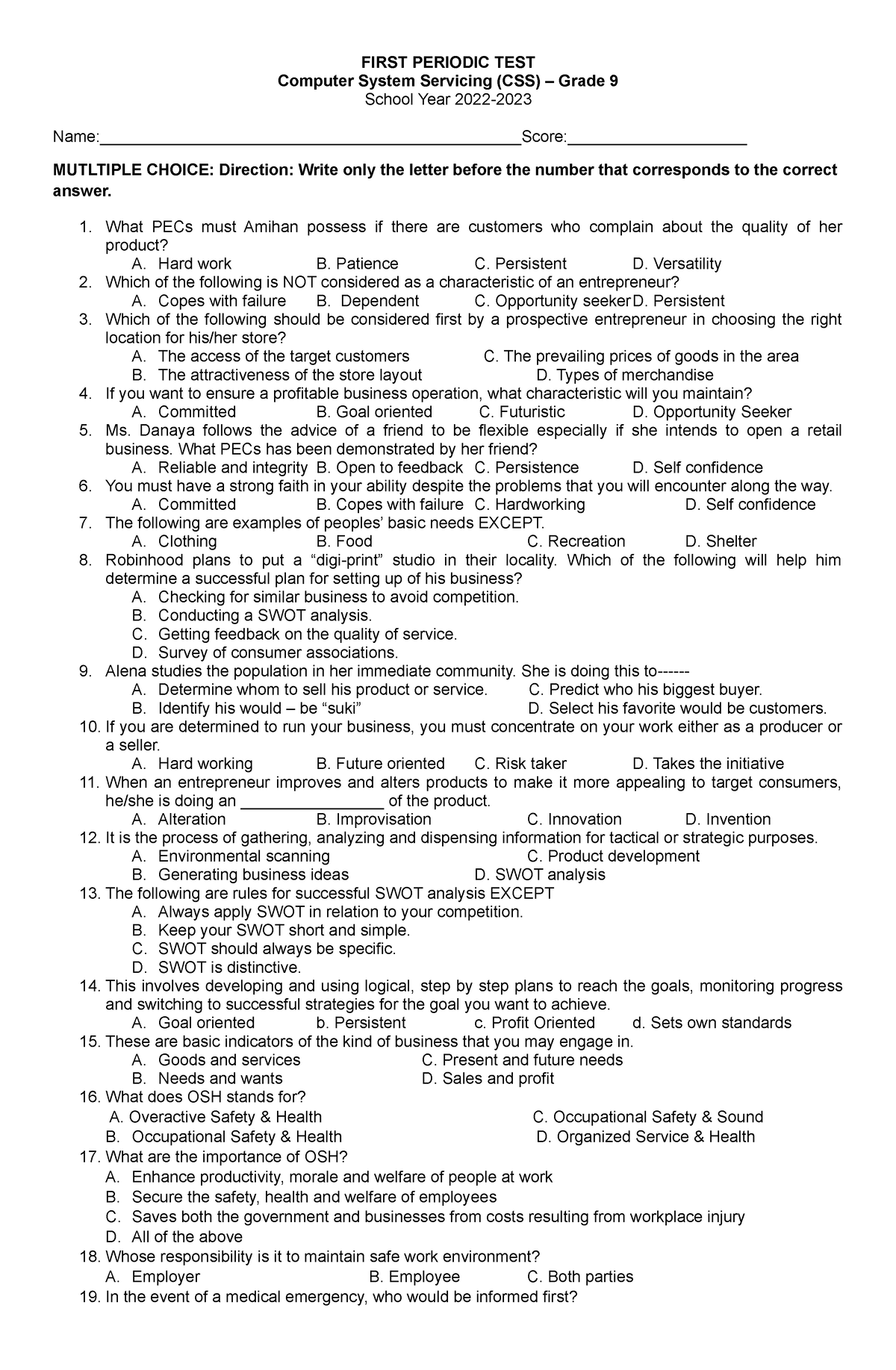 First Periodic Test Css 9 First Periodic Test Computer System Servicing Css Grade 9 School 4273