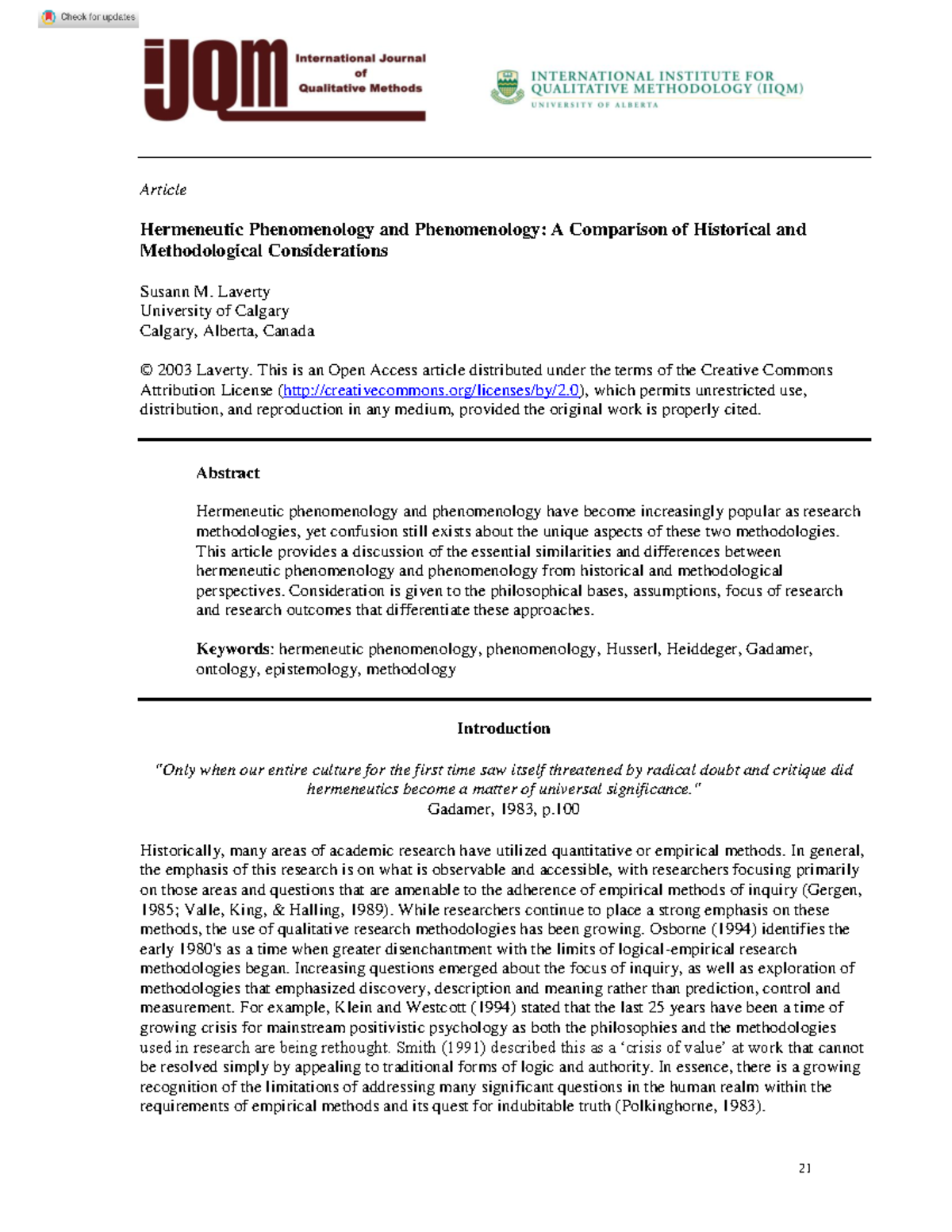 Hermeneutic phenomenology and phenomenology - Laverty University of ...