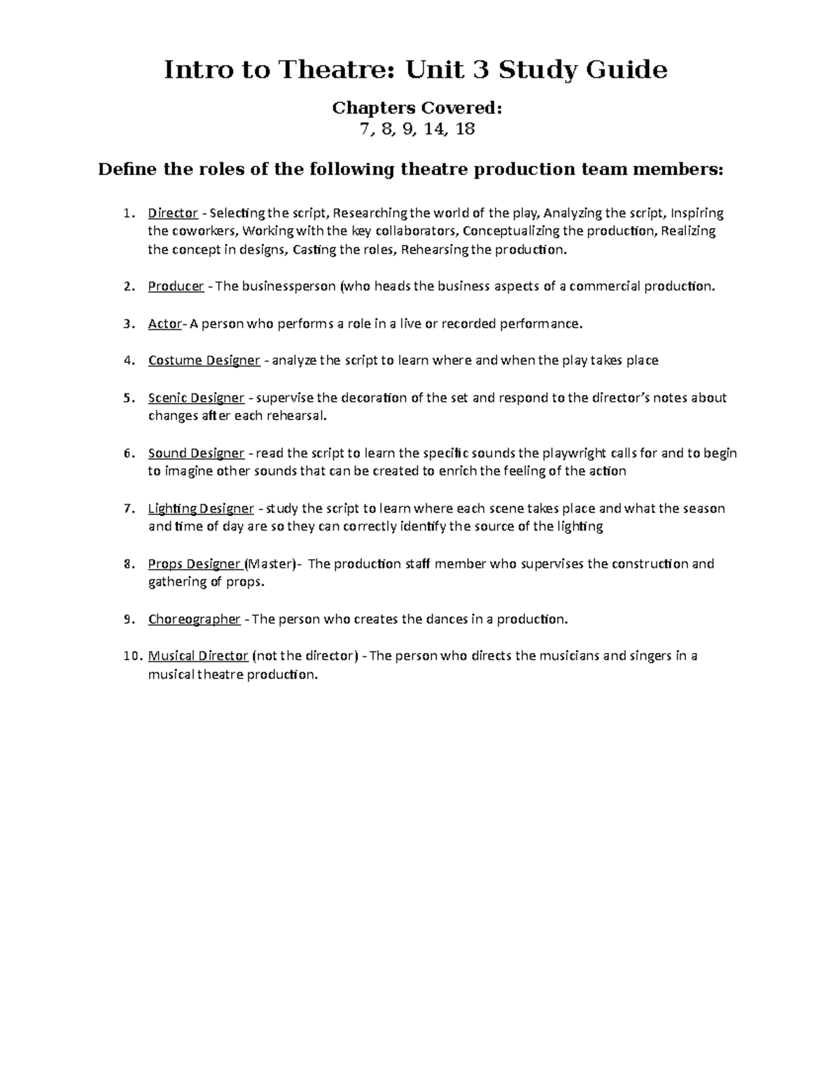 Unit 3 Study Guide - Intro to Theatre: Unit 3 Study Guide Chapters ...