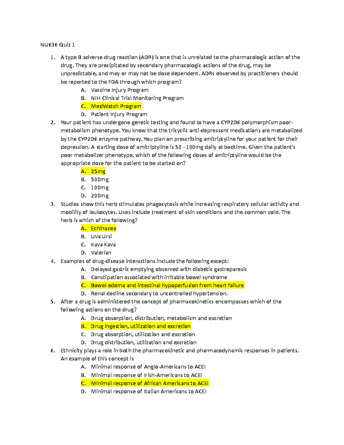 NU636 Quiz 1 - Quiz 1 - NU636 Quiz 1 A Type B Adverse Drug Reaction ...