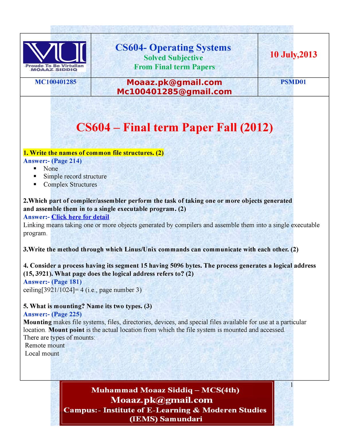 cs604 current final term papers