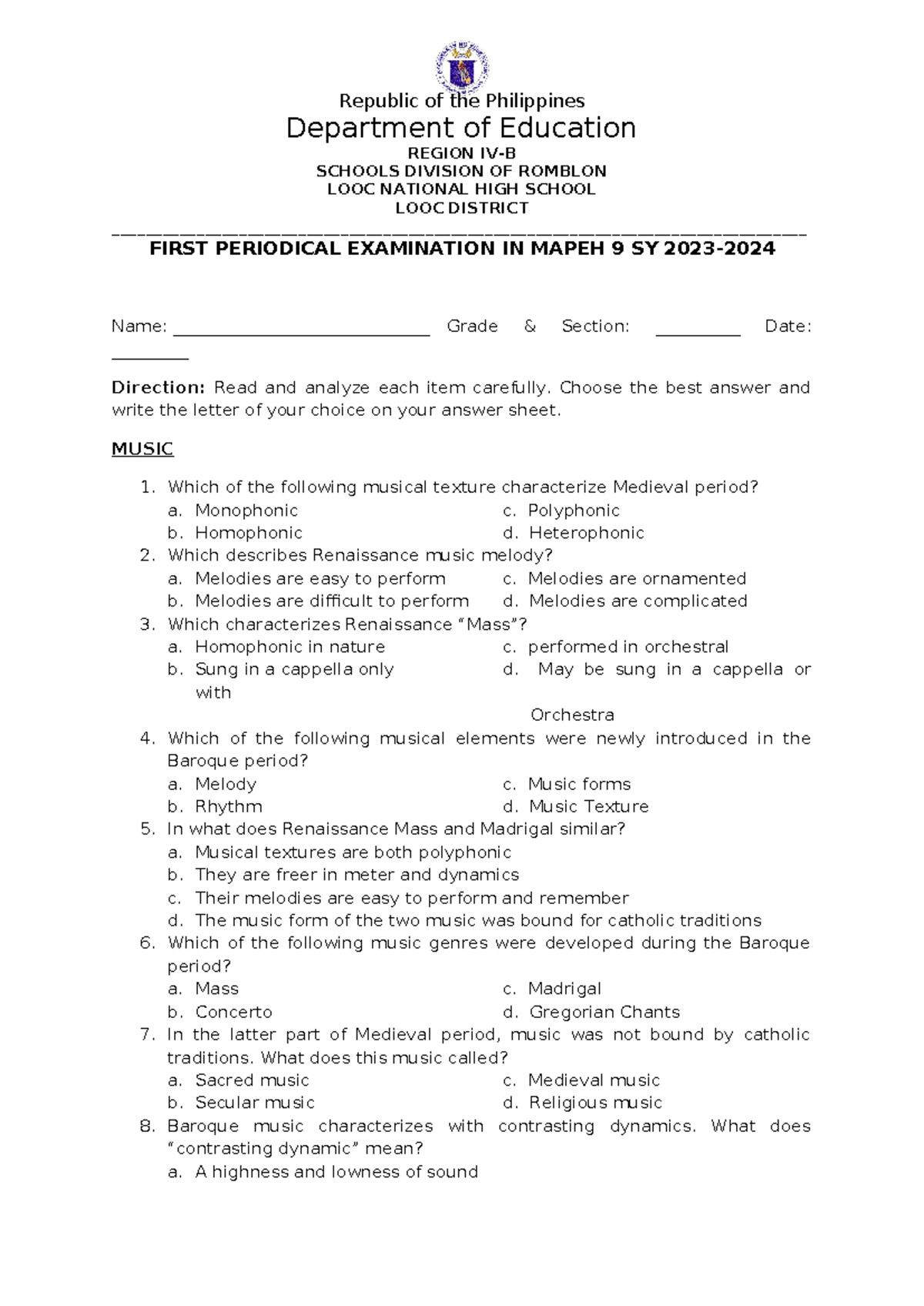 G9-1st Periodical TEST- Mapeh 9 (TQS)-New Version 2 - Department Of ...