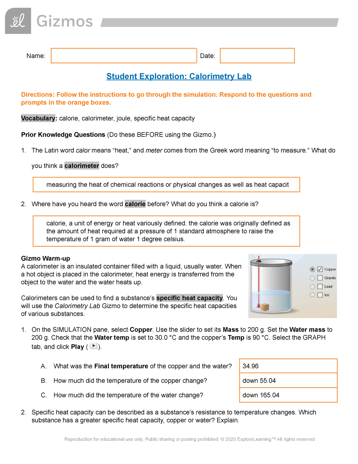 Calorimetry Gizmo Lab Name Date Student Exploration Calorimetry 