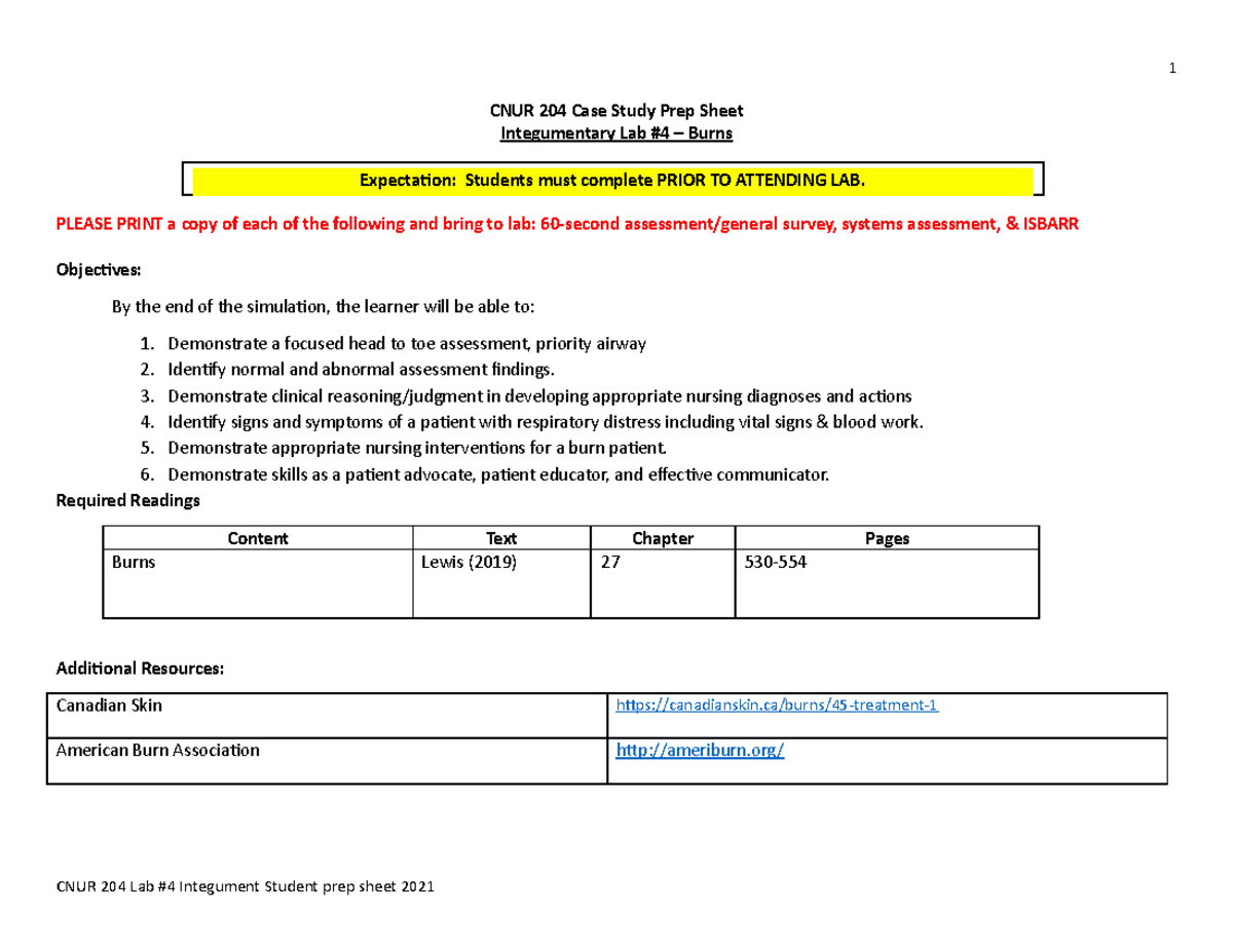 CNUR 204 Lab #4 integ Student prep sheet 2021 - CNUR 204 Case Study ...