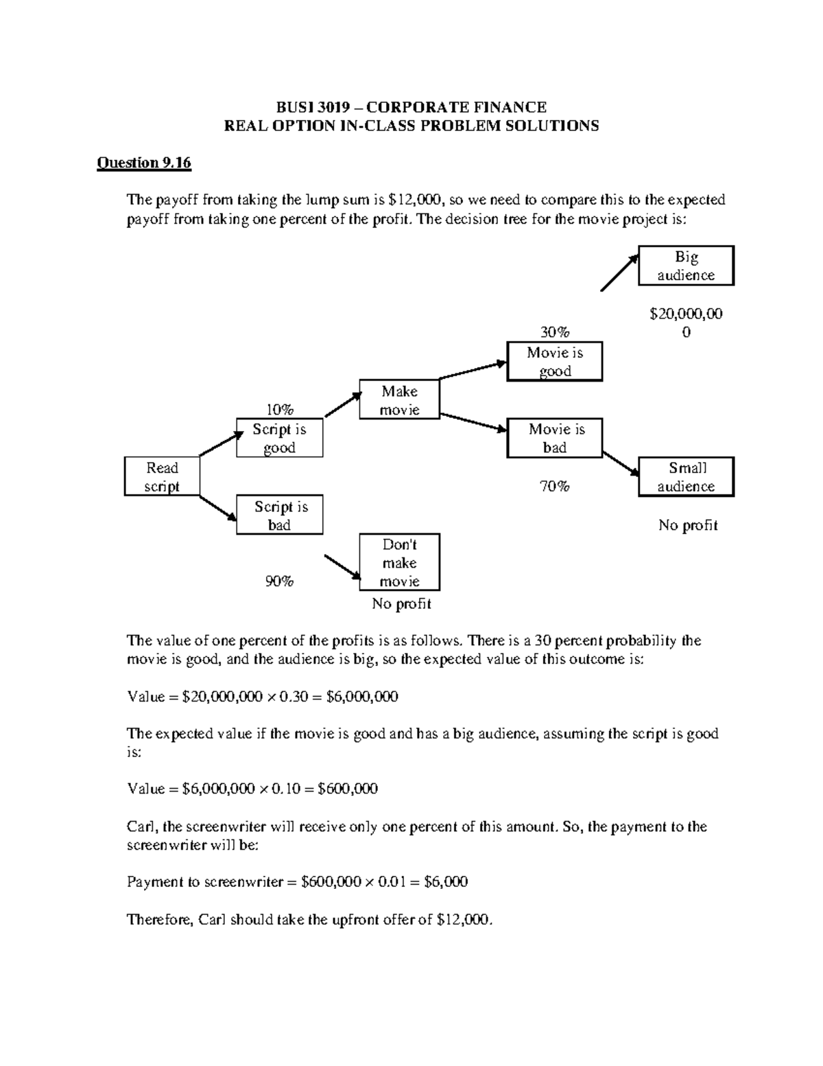 03 - Real Option In-Class Problem Solutions - BUSI 3019 – CORPORATE ...