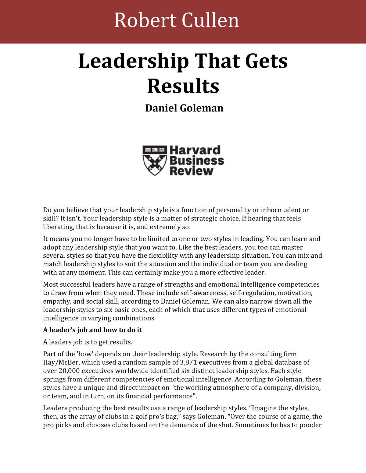 2014 12 04 Article Summary 01 Leadership That Gets Results By Daniel Goleman Fin Leadership 