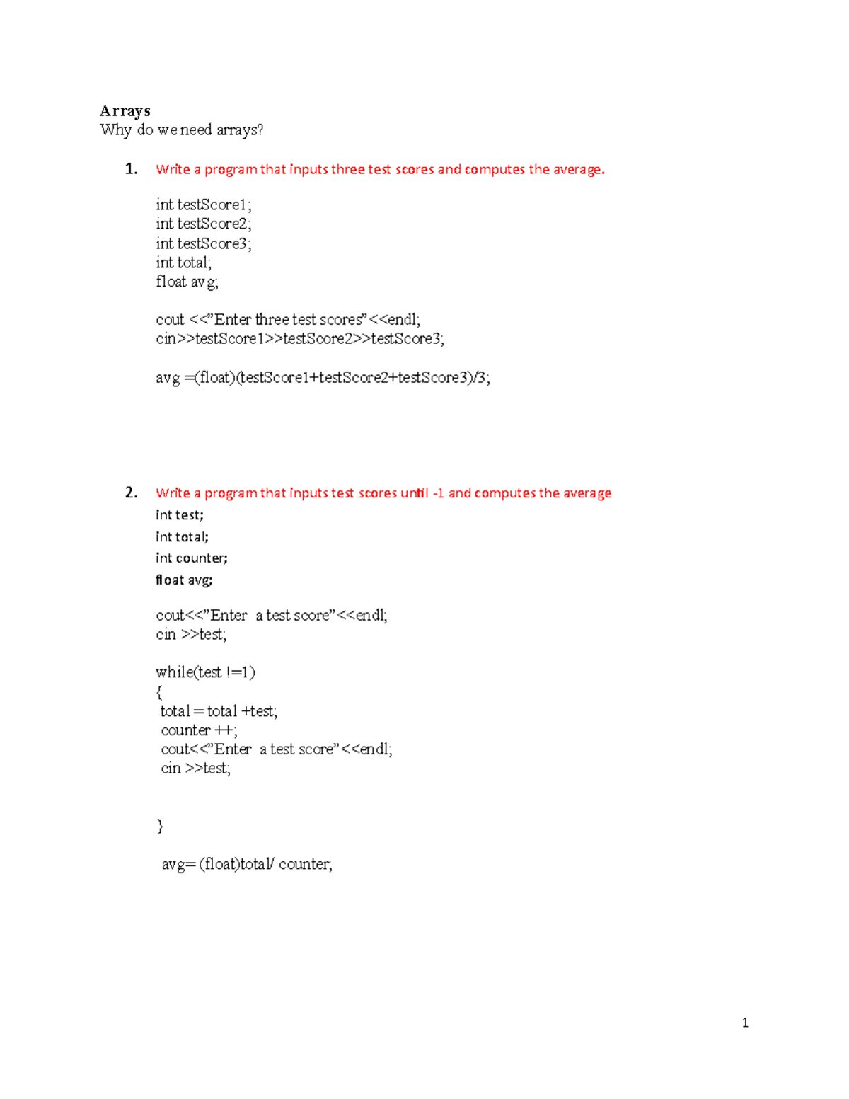 Array worksheet with answers - Arrays Why do we need arrays? Write a ...