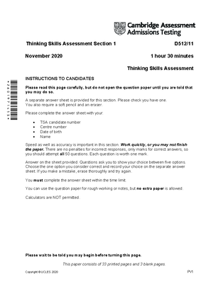 616963 Past Paper Tsa 2020 Section 1 2601971453 Thinking Skills Assessment Section 1 D512 Studocu