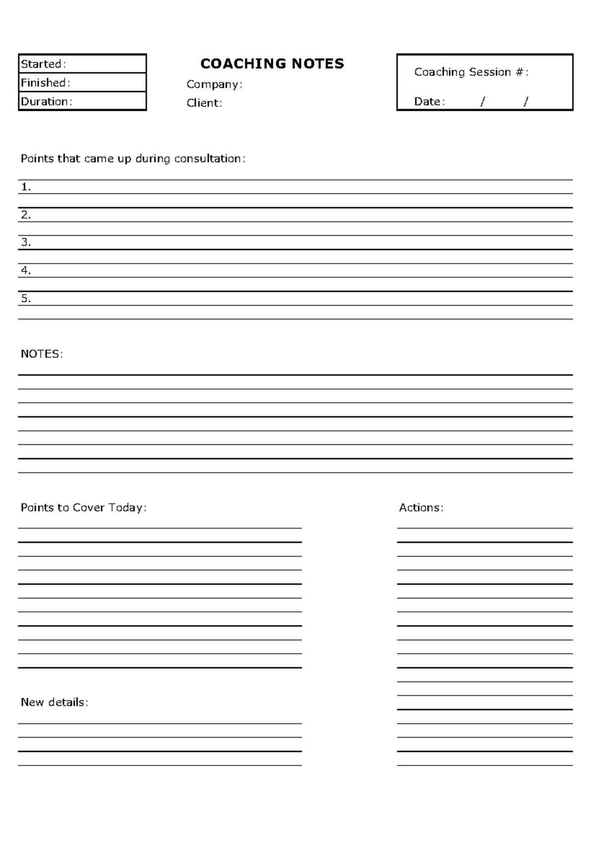 Coaching Notes Template BUS 101 Started: Finished: Duration: Points Coaching Notes Template BUS 101 Started: Finished: Duration: Points