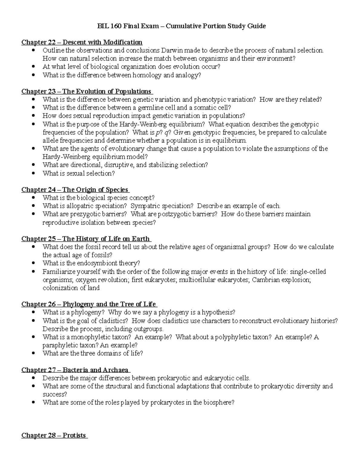 Study Guide Cumulative - BIL 160 Final Exam – Cumulative Portion Study ...