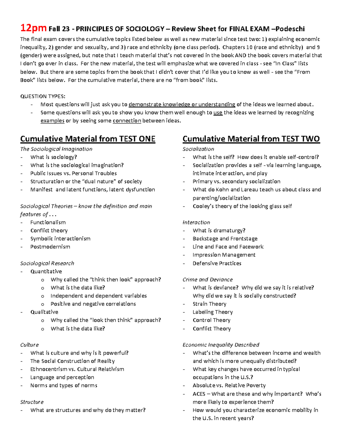 12pm Review Sheet - final exam - 12pm Fall 23 - PRINCIPLES OF SOCIOLOGY ...