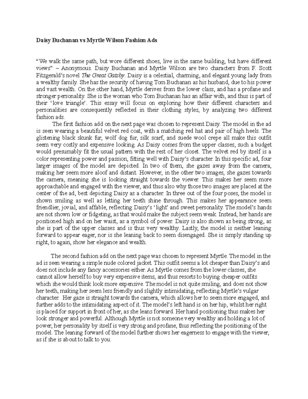 Daisy Buchanan vs Myrtle Wilson Fashion Ads Daisy Buchanan and Myrtle