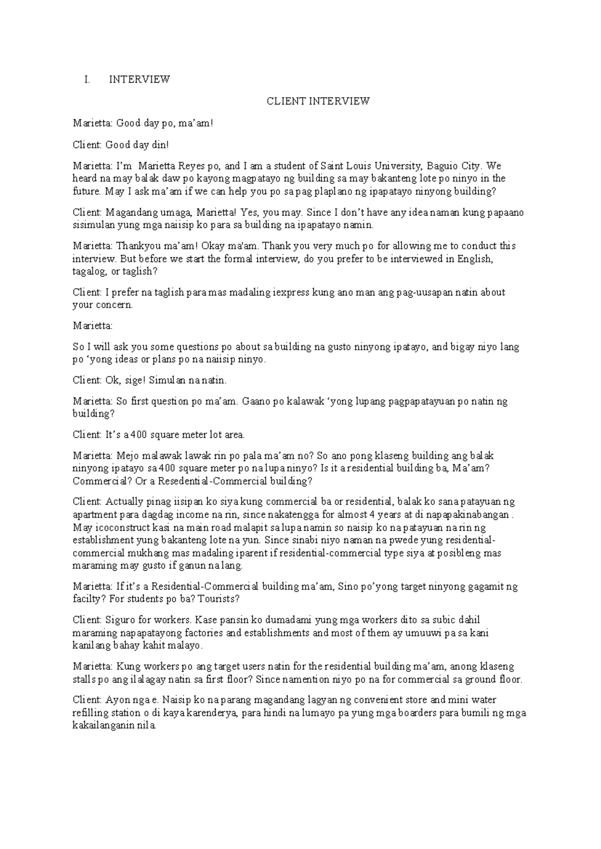 Interview Questions WITH Client - I. INTERVIEW CLIENT INTERVIEW ...