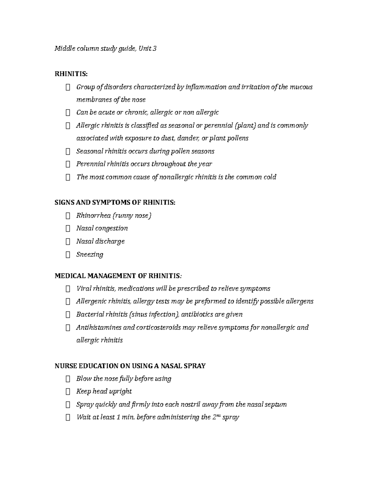 NURS 261 Resp Study Guide - Middle column study guide, Unit 3 RHINITIS ...