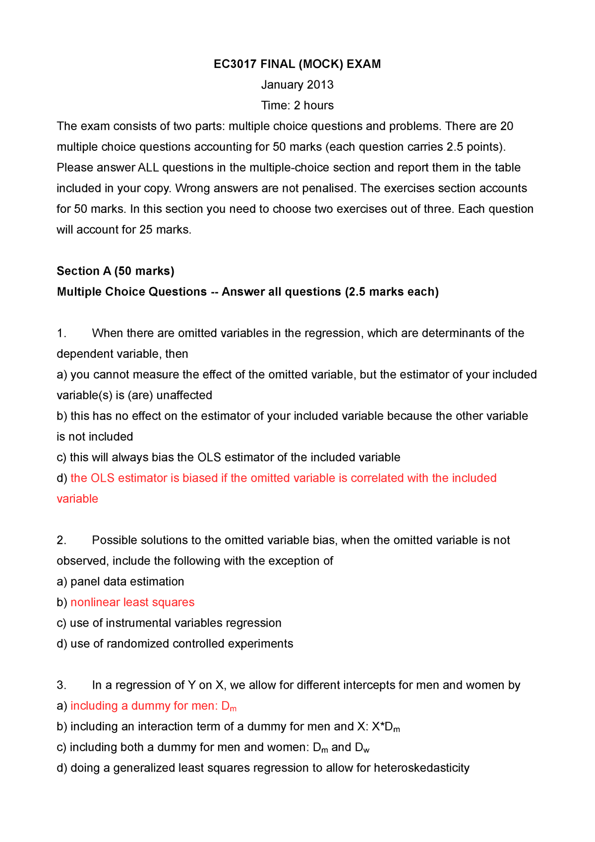 Exam January 2012, answers and questions - EC3017 FINAL (MOCK) EXAM Sns-Brigh10