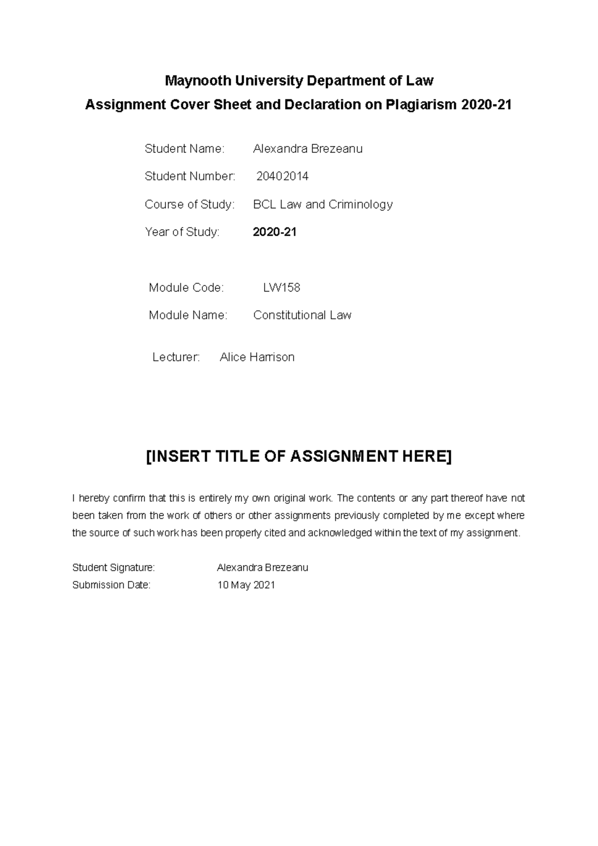 Constitutional Law Exam Maynooth University Department of Law