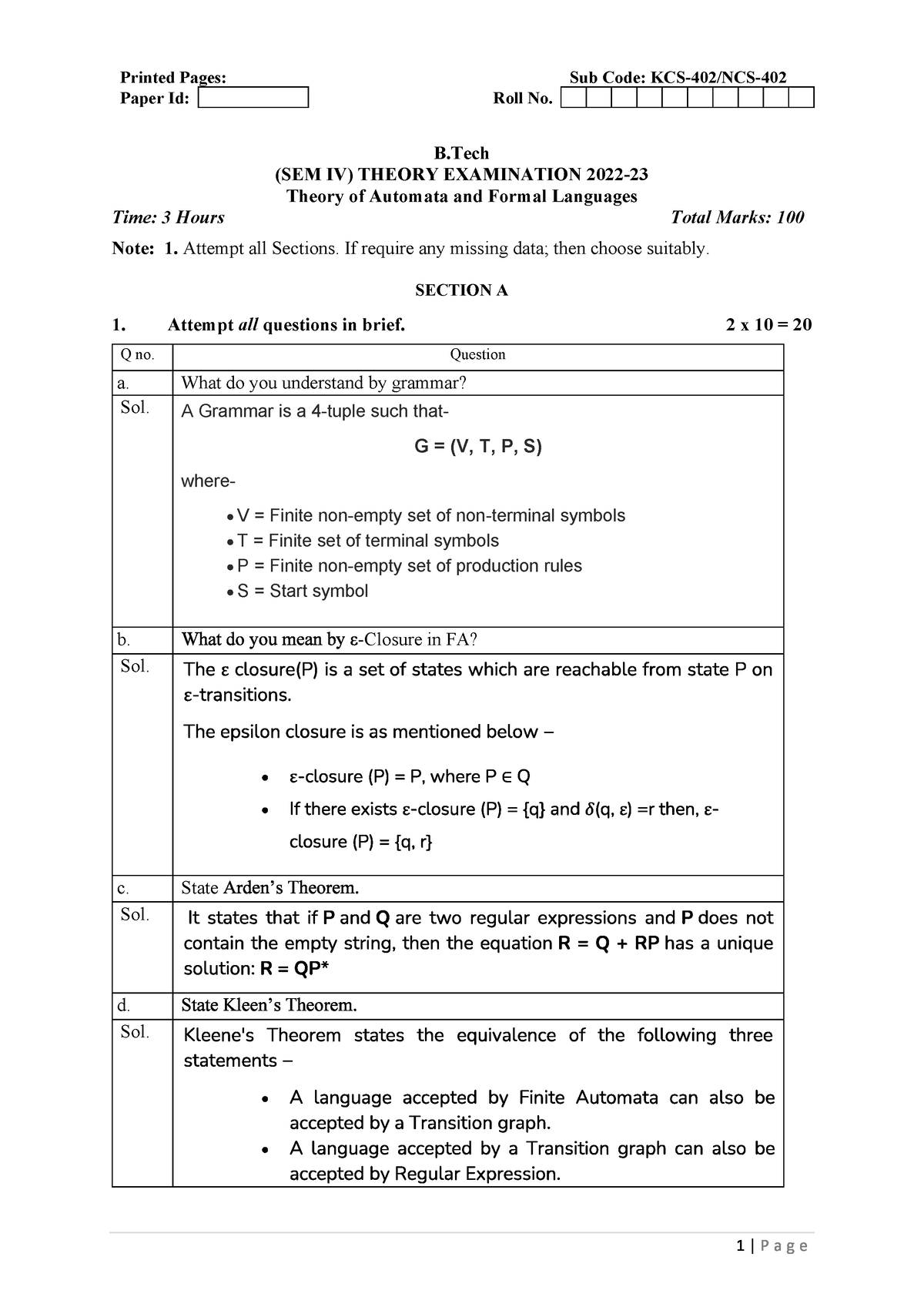 TOC 22-23 Sol - KCS-402 AKTU Paper 22-23 Solutions - Printed Pages: Sub ...