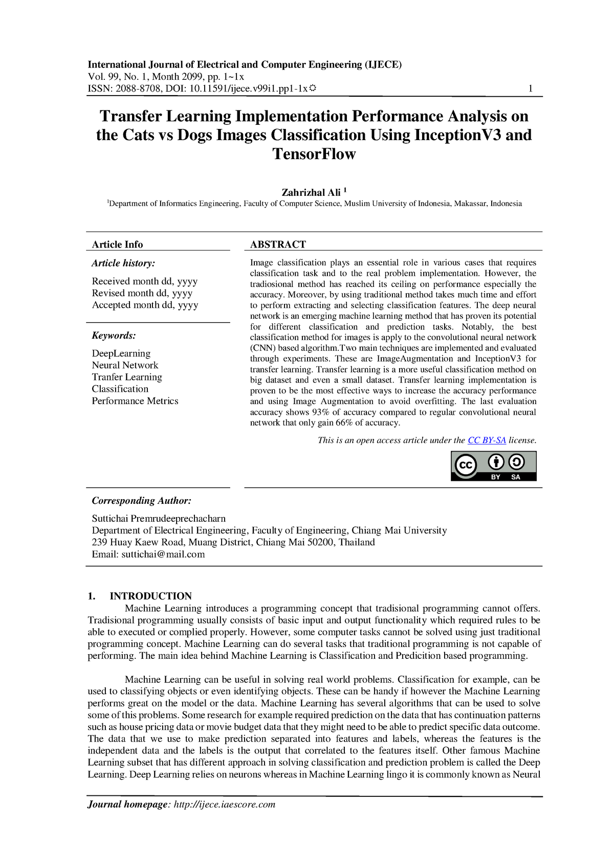 Transfer Learning Implementation Performance Analysis on the Cats vs ...