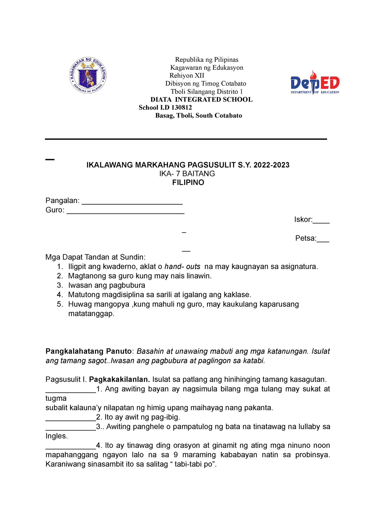 Ikalawang Markahang Pagsusulit FIL.7 F 074818 - Republika Ng Pilipinas ...