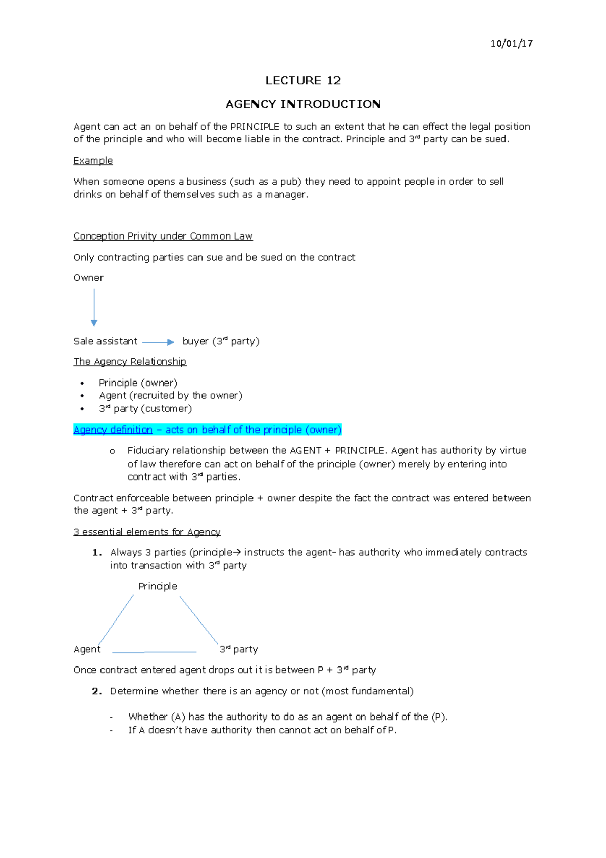 Agency Lecture 1 - LECTURE 12 AGENCY INTRODUCTION Agent can act an on ...