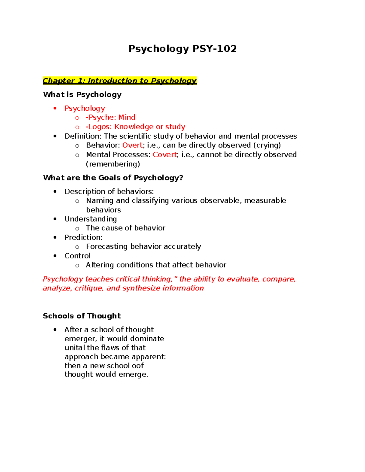 Notes - Psychology PSY- Chapter 1: Introduction to Psychology What is ...