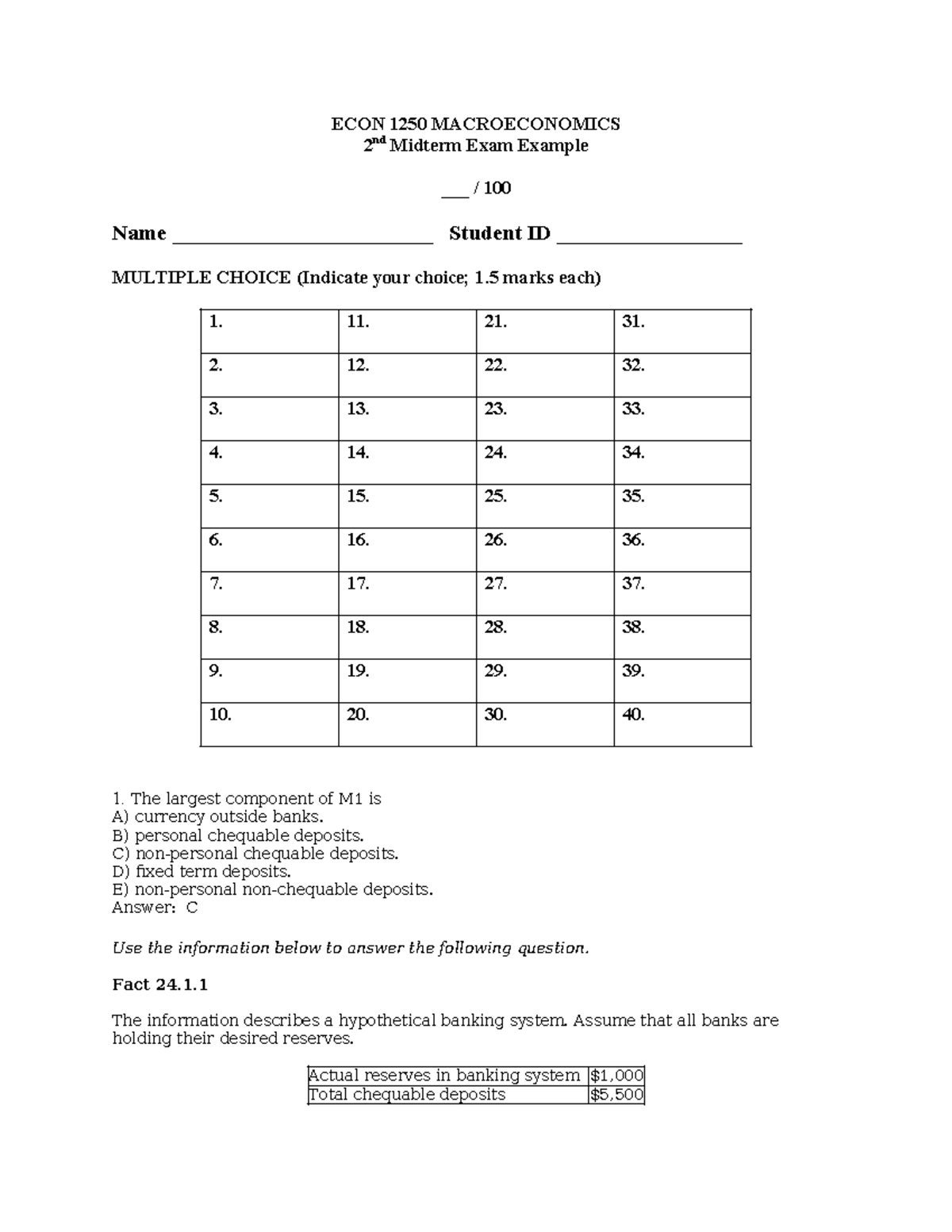 Macroeconomics 2nd midterm 2022 example with answers - ECON 1250 ...