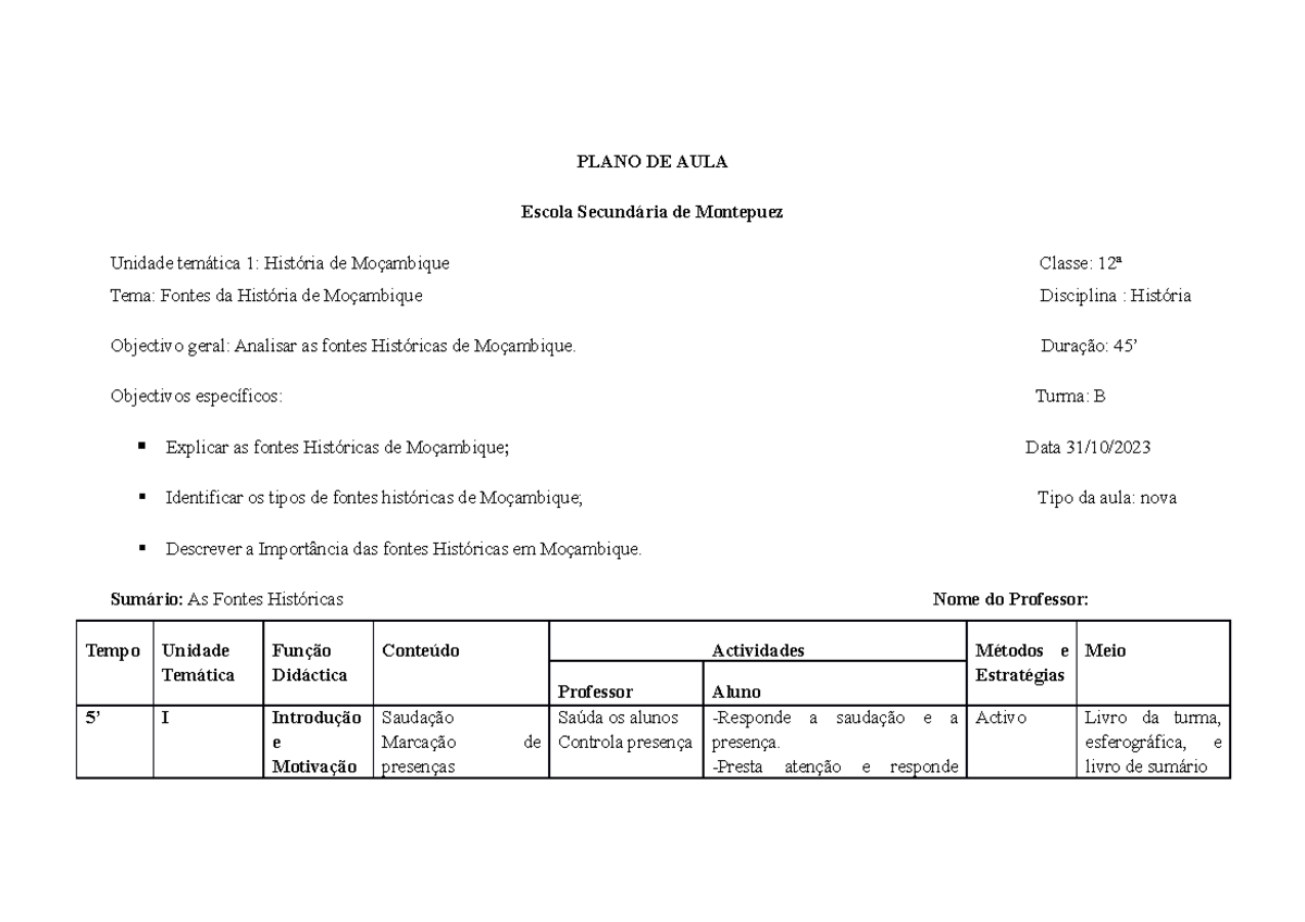 Plano De Aulas Plano De Aula Escola Secundária De Montepuez Unidade Temática 1 História De 4544