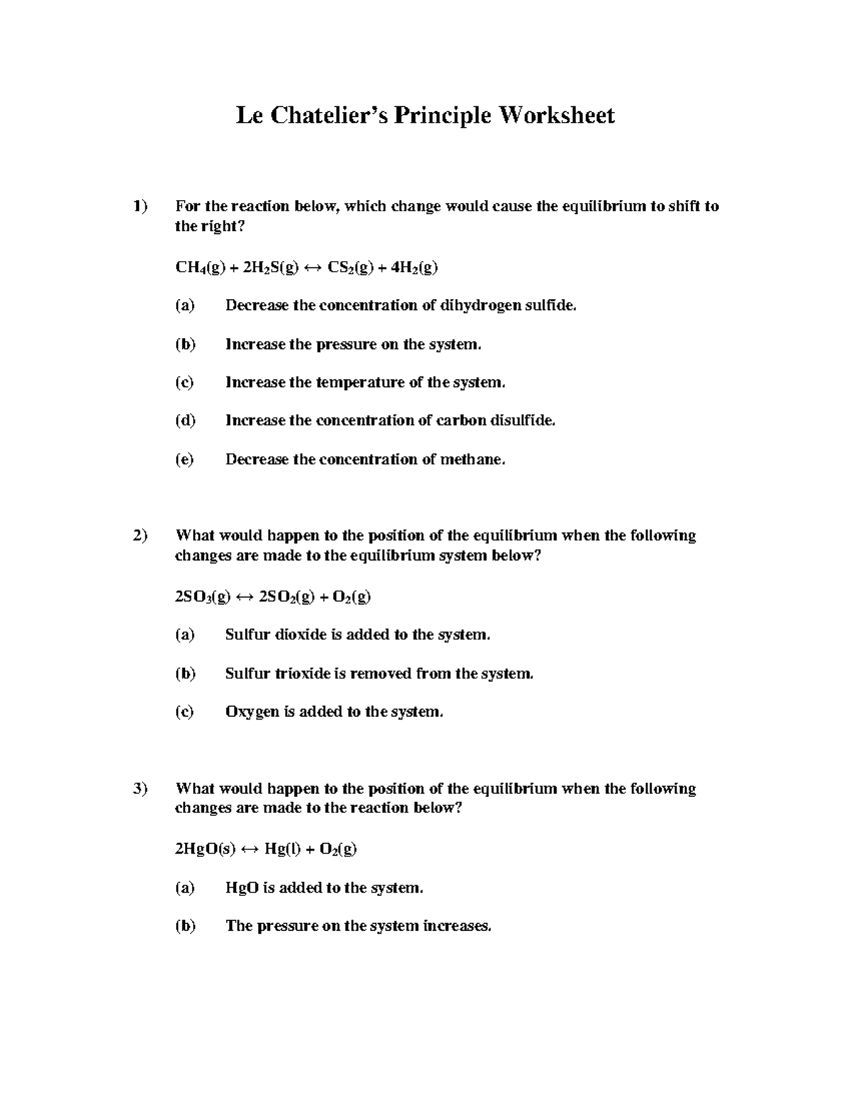 LCP Worksheet - Le Chatelier’s Principle Worksheet For The Reaction ...