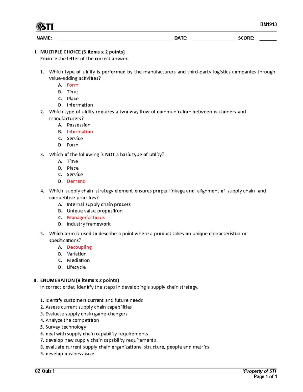 LM 02 Quiz 1 - PERSONAL ANSWER - I. MULTIPLE CHOICE (5 items x 2 points ...