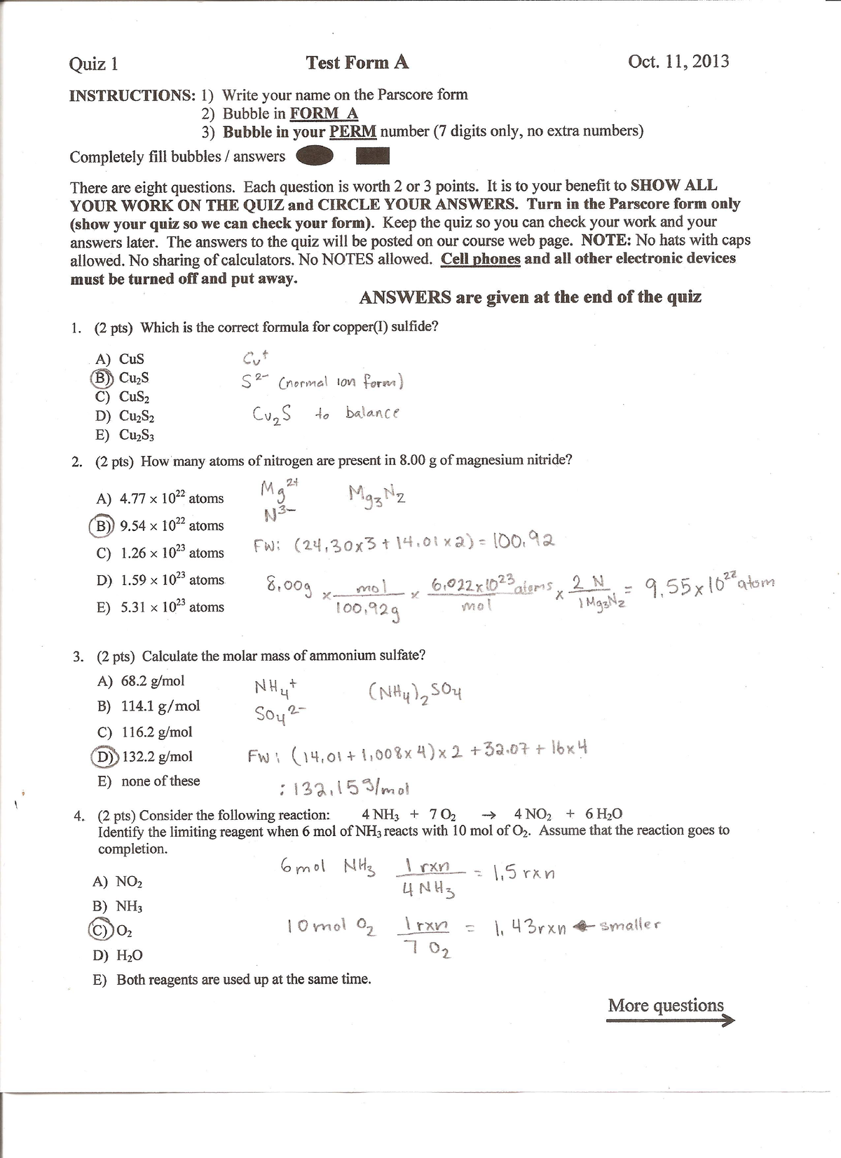 Quiz 1A Worked Out Key - CHEM1A - Studocu