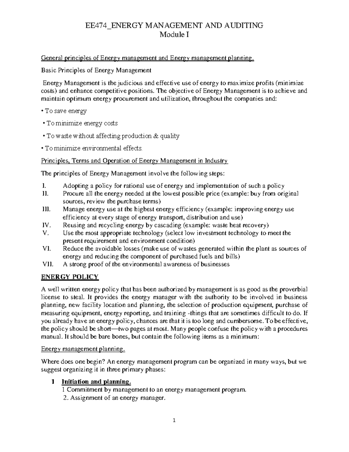 Module I - Module I General principles of Energy management and Energy ...
